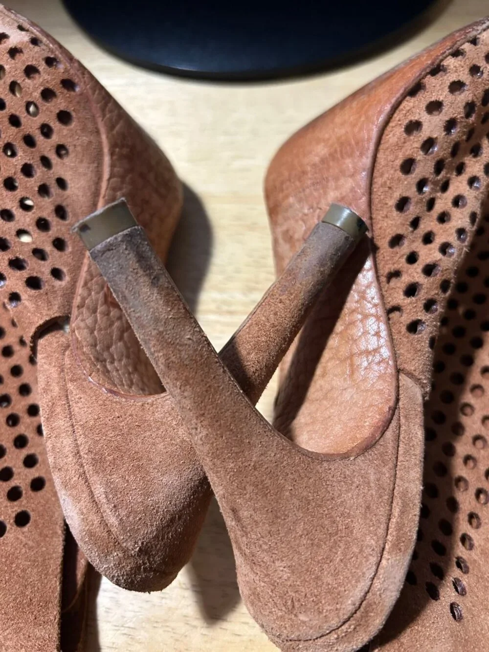 Womens Pedro Garcia Brown Sofia Perforated Suede Peep Toe Booties 37.5 US/7.5